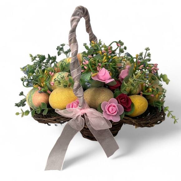 Easter Basket Filled  Eggs Floral Greenery Wicker Hat Table Decor Centerpiece - Picture 3 of 6